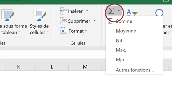 Fonctions Excel de synthèse regroupées avec la somme automatique