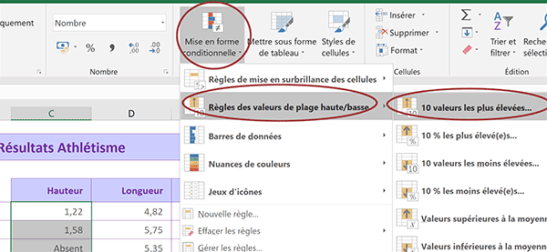 Règle Excel de mise en forme conditionnelle pour faire ressortir dynamiquement les meilleurs résultats des sportifs