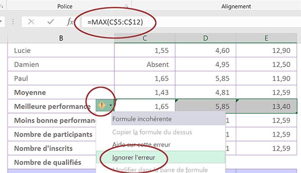 Changer le nom de la fonction Excel pour adapter le calcul sur les autres lignes