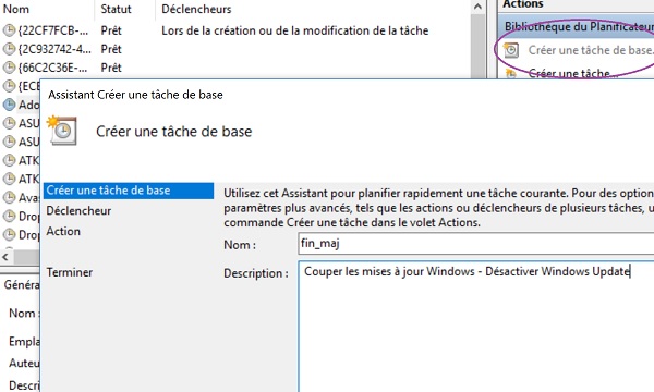 Créer tâche planifiée pour exécuter script pour couper mises à jour Windows Update
