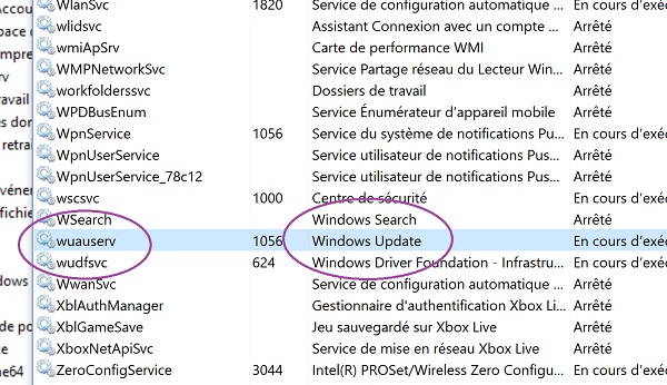 Nom exécutable Windows Update pour stopper service en coupant processus