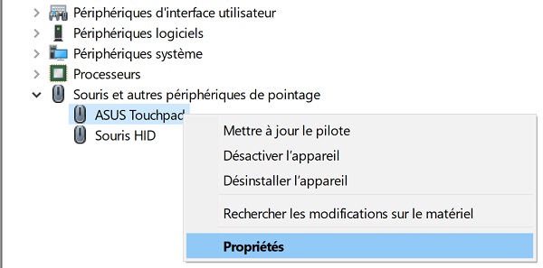 Régler le pavé tactile dans le gestionnaire de périphériques Windows