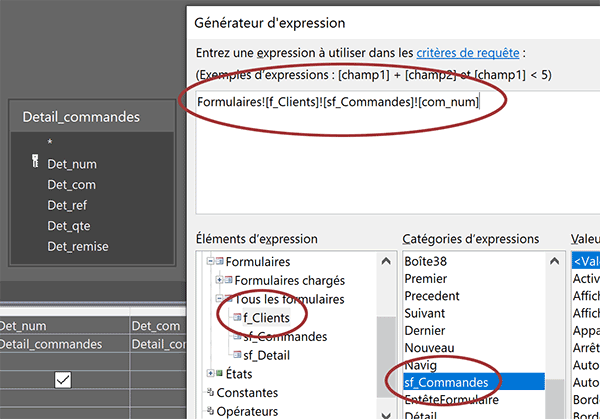 Syntaxe de correspondance de requête Access pour établir la liaison avec un contrôle de sous-formulaire