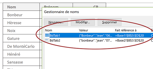 Gestionnaire des noms des tableaux Excel pour simplifier la construction des formules destinées à les comparer