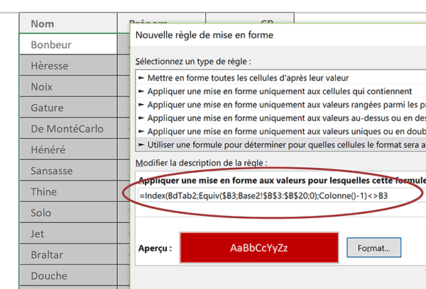 Règle de mise en forme conditionnelle Excel pour identifier visuellement les différences entre deux tableaux