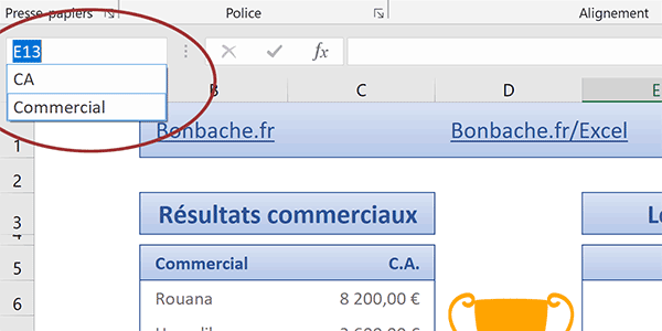 Noms des colonnes du tableau Excel pour syntaxes des formules matricielles