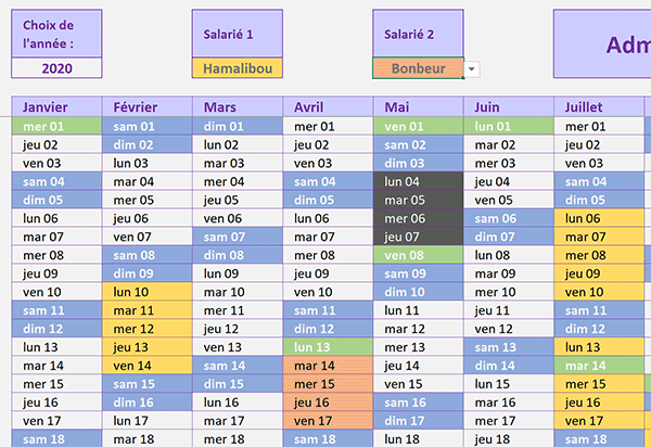 Calendrier annuel Excel avec repères visuels sur les absences et congés des salariés