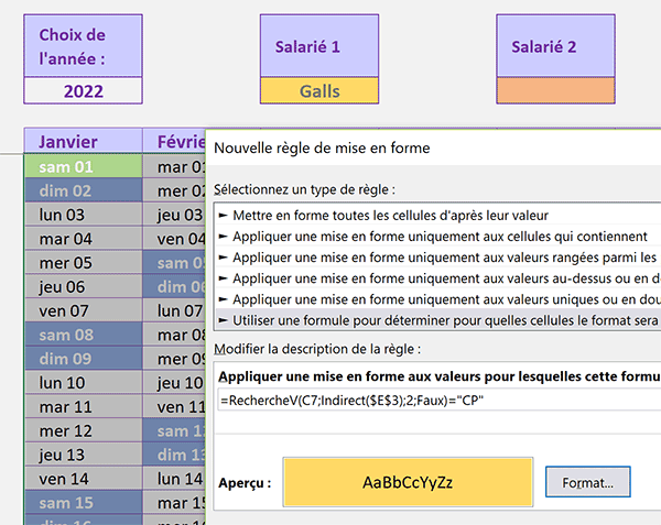 Règle de mise en forme conditionnelle Excel pour surligner dynamiquement les dates de congés payés dans le calendrier annuel