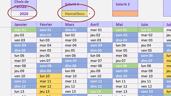 Identifications visuelles dynamiques des congés du salarié dans calendrier annuel Excel