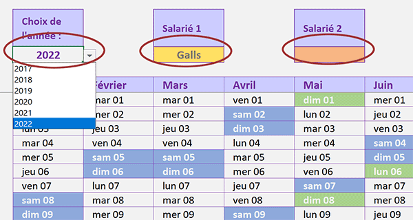 Outil Excel pour construire automatiquement calendriers annuels avec Week-End, jours fériés et gestion des salariés