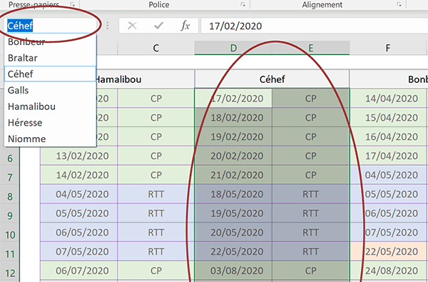 Noms de plages Excel pour pointer sur les colonnes des congés des salariés dans les formules de repérage