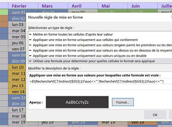 Règle de mise en forme conditionnelle Excel pour repérer les absences de deux salariés en même temps