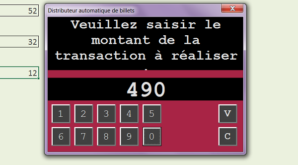 Formulaire du DAB, guichet automatique de billets en VBA Excel