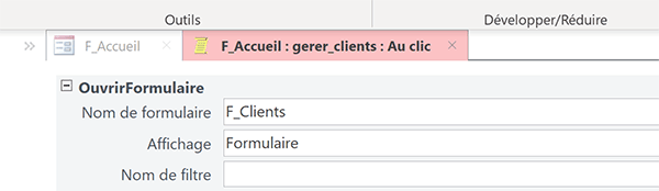 Action de macro pour ouvrir le formulaire de gestion des clients au clic sur un bouton