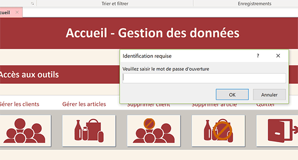 Boutons de navigation sur formulaire accueil Access pour accéder aux autres outils