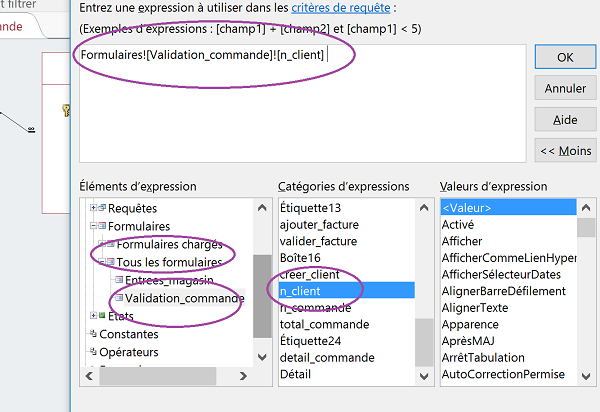 Formule de correspondance dynamique critère requête et formulaire par générateur expression Access