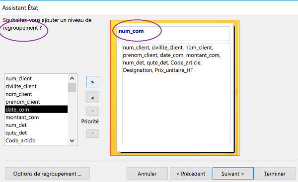 niveau regroupement construction état pour afficher seulement les commandes du client sélectionné dynamiquement par requête Access