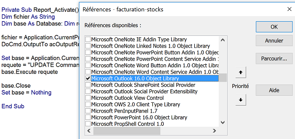 Ajouter référence client messagerie Outlook pour créer message automatiquement par code VBA Access avec pièce jointe