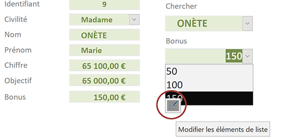 Bouton actif an bas de la liste déroulante Access pour modifier ses valeurs