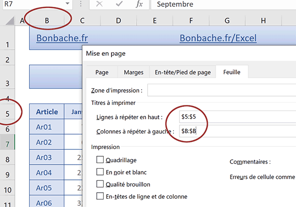 Définir les lignes et colonnes à répéter sur toutes les pages pour impression feuilles Excel