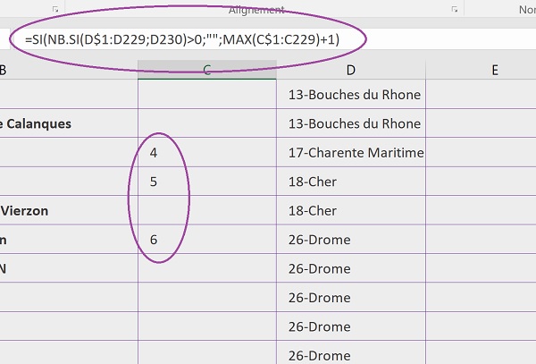 Formule Excel pour repérer toutes les valeurs uniques non redondantes avec un numéro incrémenté