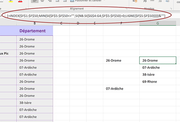 Regrouper les valeurs uniques purgées des doublons par calcul matriciel Excel