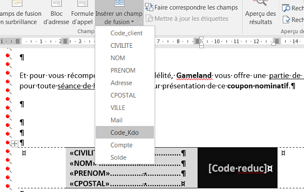 Insérer champs de fusion table Access pour mailing clients Word