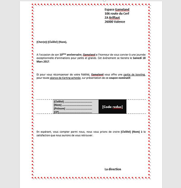 Lettre type avec coupon de réduction pour emailing Word