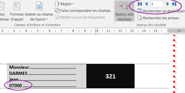 Aperçu du publipostage filtré pour mailing Word selon critère