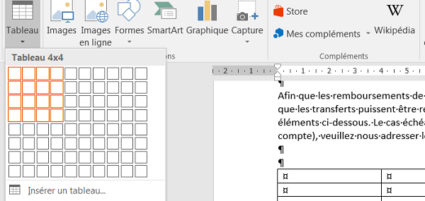 Créer lignes et colonnes tableau Word au survol souris