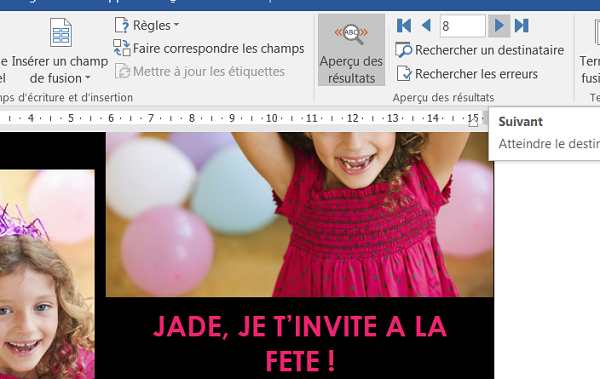 Fusion publipostage Word pour visualiser cartes invitation nominatives