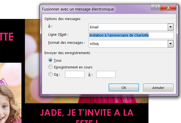 Fusionner carte invitation avec adresse électronique pour mailing Word