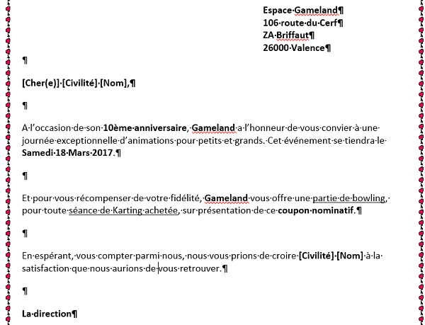 Mise en page du courrier type pour mailing par publipostage Word