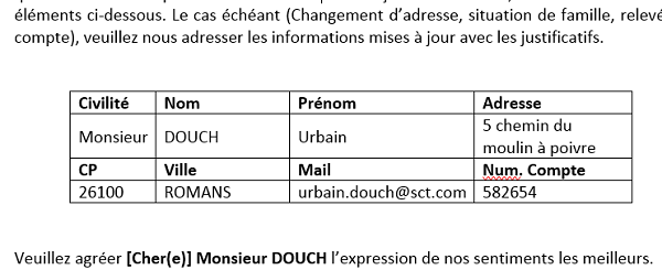 Publipostage avec informations clients dans tableau type Word