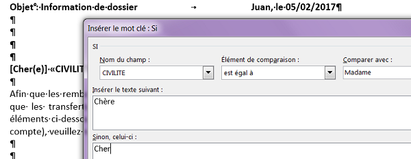 Règle de publipostage pour accord grammatical selon civilité dans source de données