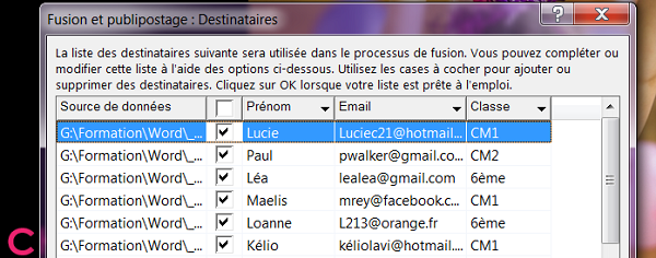 Base de données intégrée dans Word pour publipostage