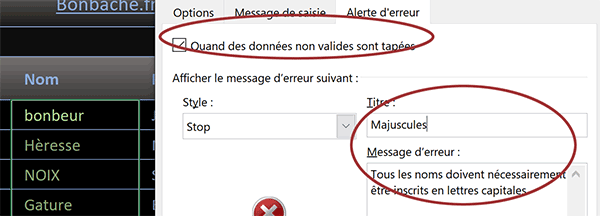 Configurer message erreur Excel en cas de saisie erronée car présence de lettres en minuscules