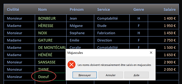 Interdire la saisie des lettres minuscules dans une colonne de base de données Excel