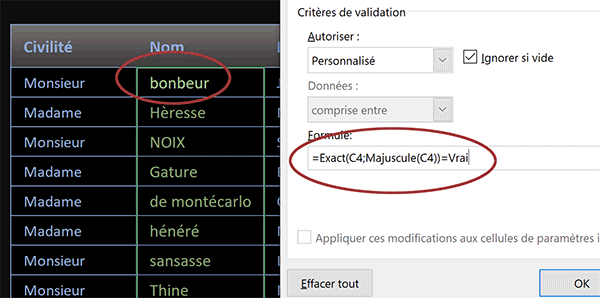 Formule dans règle Excel pour empêcher la saisie en minuscules