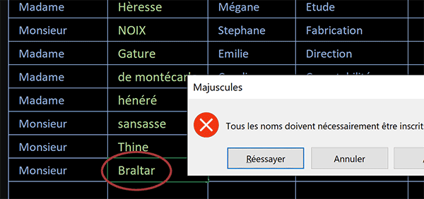 Saisie refusée dans cellule Excel car présence de lettres en minuscules