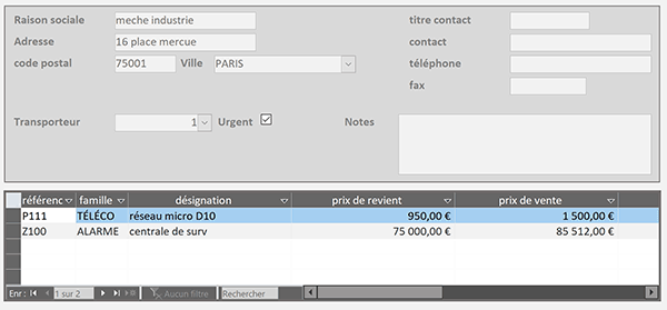 Formulaire Access de facturation avec la liste des commandes dans le sous-formulaire