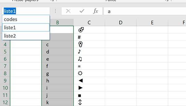 Noms de plages Excel des caractères encodés pour formule pour encrypter les messages