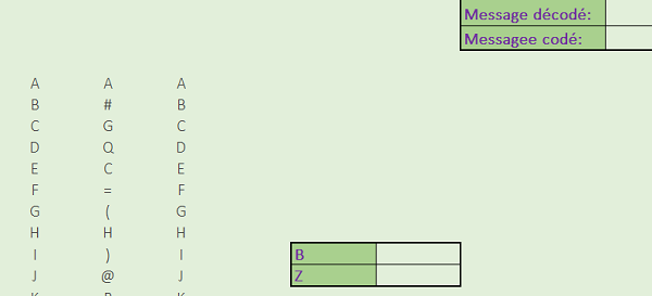 Feuille Excel pour encodage de messages secrets