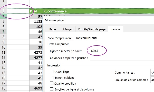 Régler répétition des lignes de titre de tableau Excel pour impression et exportation PDF