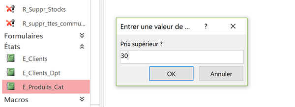 Boîtes de dialogue pour définir les critères de prix avant de restituer la vue du rapport Access