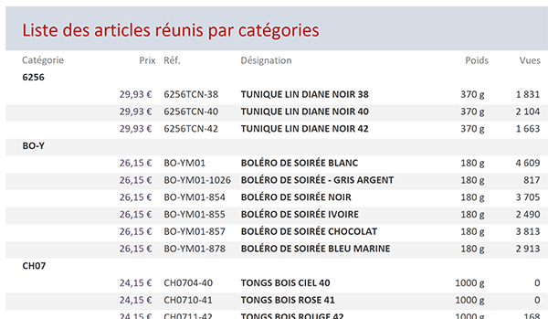 Etat Access offrant une vue filtrée sur les tarifs des articles grâce à sa construction sur une requête paramétrée