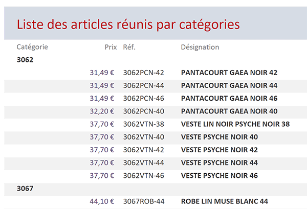 Etat Access listant les articles de la société regroupés par catégorie