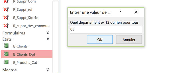 Etat Access construit sur une requête paramétrée pour affiner les résultats du rapport selon le critère indiqué par utilisateur