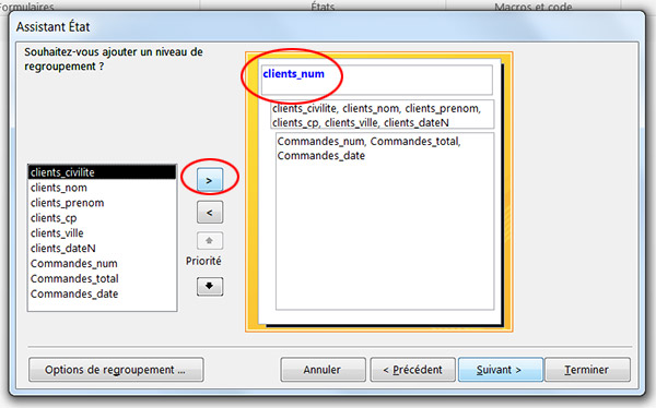 Niveau de regroupement assistant sous état Access