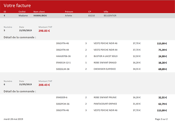 Aperçu avant impression état Access du détail des commandes des clients